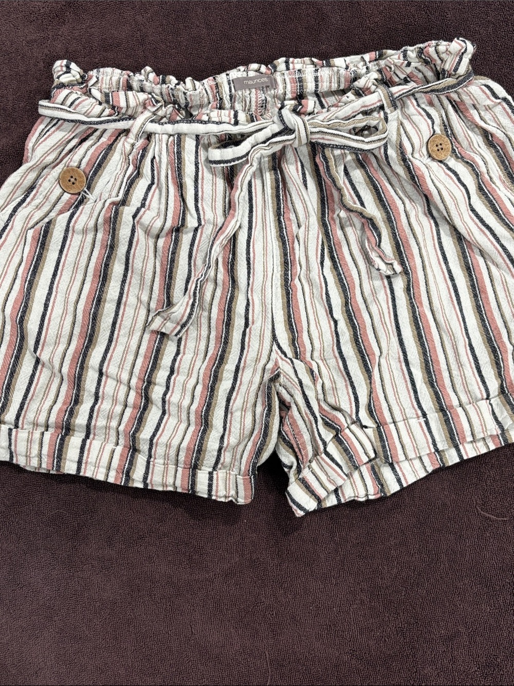 Maurice’s Casual Striped Paperbag Waist Shorts - White with Pink & Navy Stripes